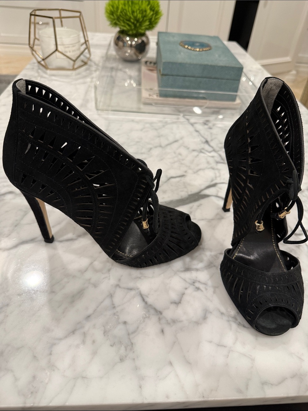 Black Cutout Ivanka Trump tie Peep-Toe High Heels with gold accents